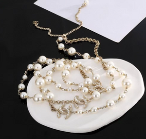 CHANEL Gold and White Faux Pearl CC-Link Long Necklace